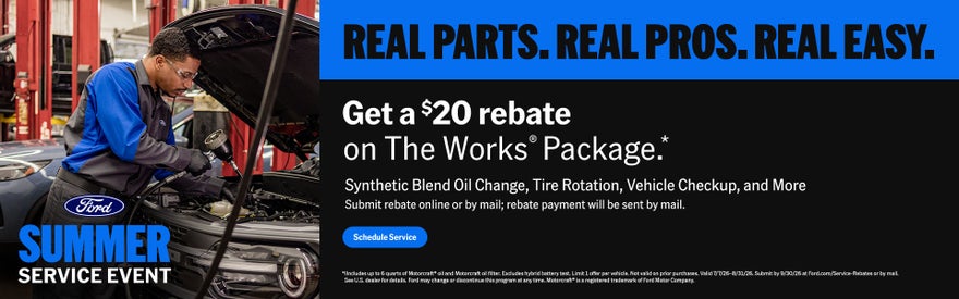 Get a $20 rebate on The Works® Package.* Synthetic Blend Oil Change, Tire Rotation, Vehicle Checkup, and More